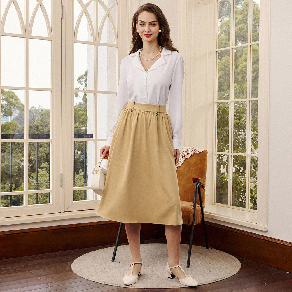 belle poque Women Vintage Swing Skirt Elastic Waist Mid-Calf Length A-Line Skirt