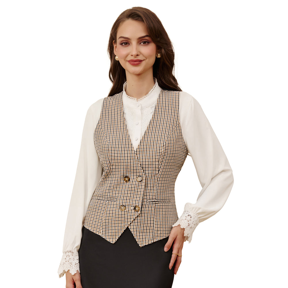 belle poque Women Double Breasted Vest Coat V-Neck Handkerchief Hem Business Waistcoat