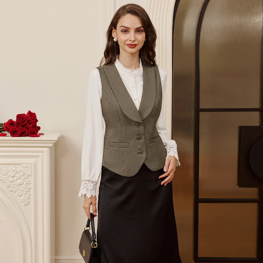 belle poque Vintage Lapel Collar Suit Vest Tops for Women Work Dressy Waistcoat Blazer with Pockets