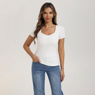 belle poque Women's Lace Trim Tops Slim Fit Ribbed Knit Basic Tee Tops