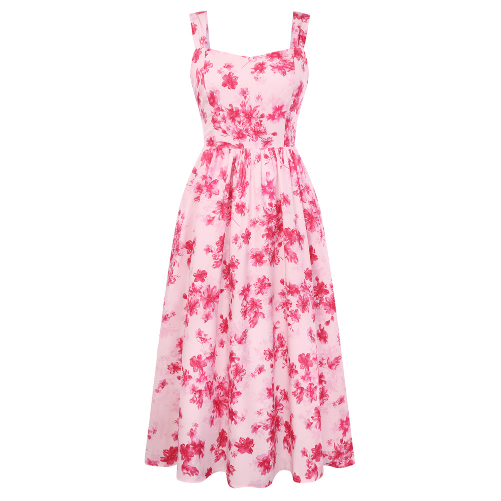 belle poque Women's Floral Midi Sundress with Pockets Spring Summer Dresses for Wedding Guest Pink