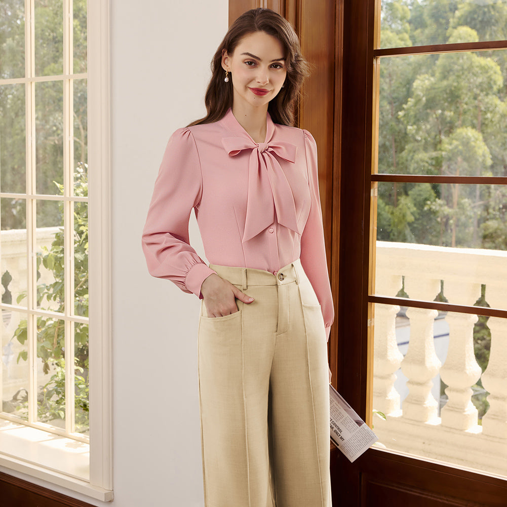 belle poque Women's Bow Tie Neck Blouse Button Down Shirt for Work Office Casual