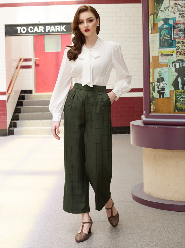 belle poque High Waisted Wide Leg Pants Button Decorated Casual Stretchy Trousers with Pockets