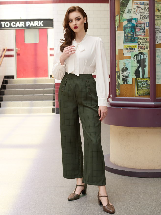 belle poque High Waisted Wide Leg Pants Button Decorated Casual Stretchy Trousers with Pockets