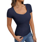 belle poque Women's Lace Trim Tops Slim Fit Ribbed Knit Basic Tee Tops