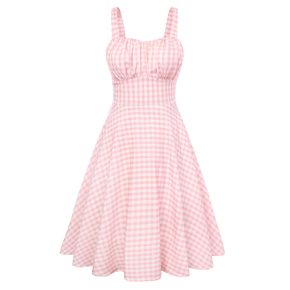 belle poque 1950s Women's Vintage Dresses Ruched Summer Cute Flowy Swing Midi Dress Pink