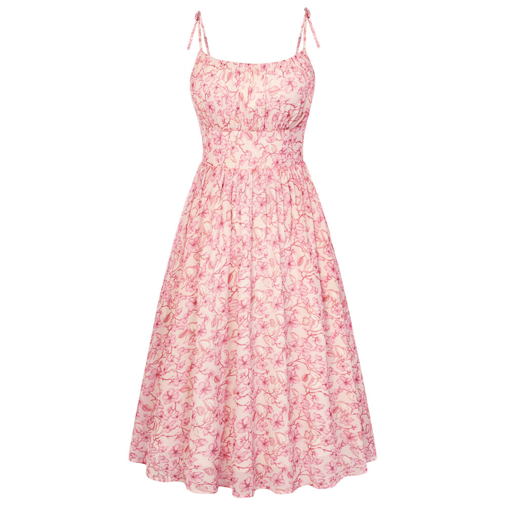 belle poque Floral Dress for Women Midi Sundress 2026 Summer Spring Casual Dresses with Pockets Pink