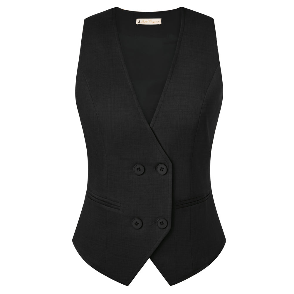 belle poque Women Double Breasted Vest Coat V-Neck Handkerchief Hem Business Waistcoat Black
