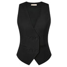 belle poque Women Double Breasted Vest Coat V-Neck Handkerchief Hem Business Waistcoat Black