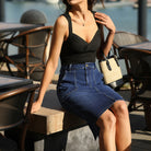 belle poque 2026 Women's Denim Skirt Knee Length Jean Skirt with Pockets