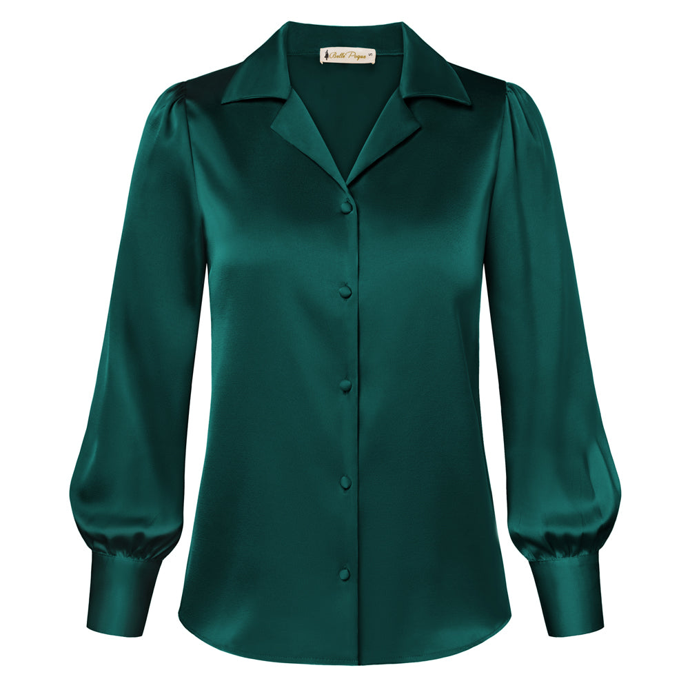 belle poque Women Vintage Shirt OL Long Sleeve Lapel Collar V-Neck Button-up Tops Drak Green