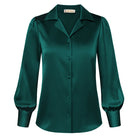 belle poque Women Vintage Shirt OL Long Sleeve Lapel Collar V-Neck Button-up Tops Drak Green