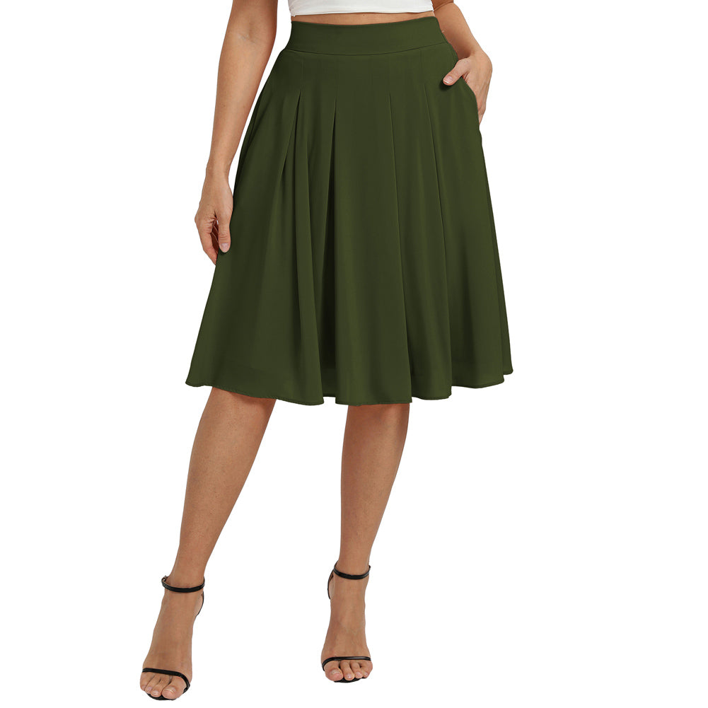 belle poque 2026 Women Spring Vintage Chiffon Skirt Below Knee Flared A-Line Skirt Green