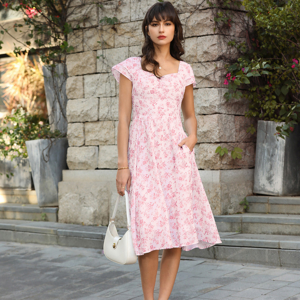 belle poque Women's Sweatheart Floral Dress 2026 Spring Ruched Midi Garden Party Dress