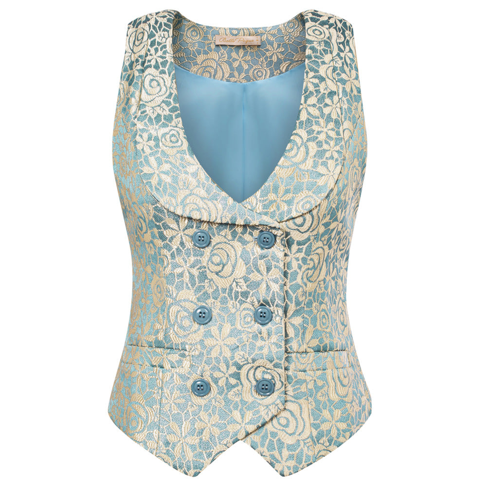belle poque Vintage Floral Printed Double Breasted Vest Deep V-Neck Handkerchief Hem Vest Coat Blue