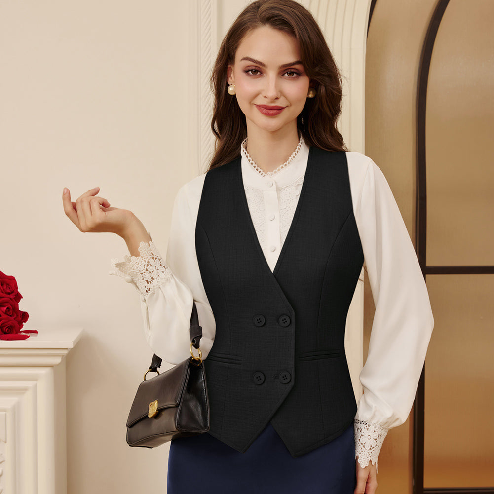 belle poque Women Double Breasted Vest Coat V-Neck Handkerchief Hem Business Waistcoat