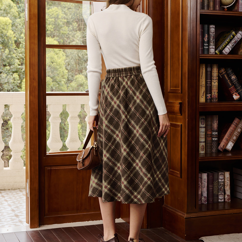 belle poque Women Vintage Plaided Swing Skirt Elastic Waist Mid-Calf Length A-Line Skirt
