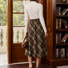 belle poque Women Vintage Plaided Swing Skirt Elastic Waist Mid-Calf Length A-Line Skirt