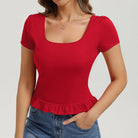 belle poque 2026 Spring Summer Cute Tops for Women Short Sleeve Crop Tops Red