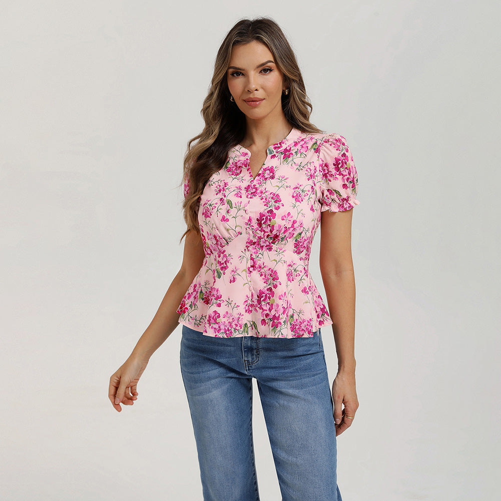 belle poque Floral Tops for Women Vacation Blouses Henley V Neck Shirts Peplum Tops