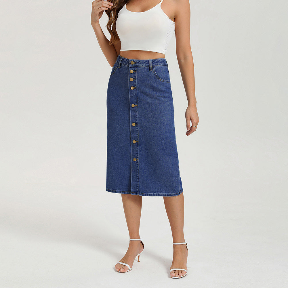 belle poque 1980s Vintage Jean Skirts for Women Front Slit Midi Skirt with Pockets