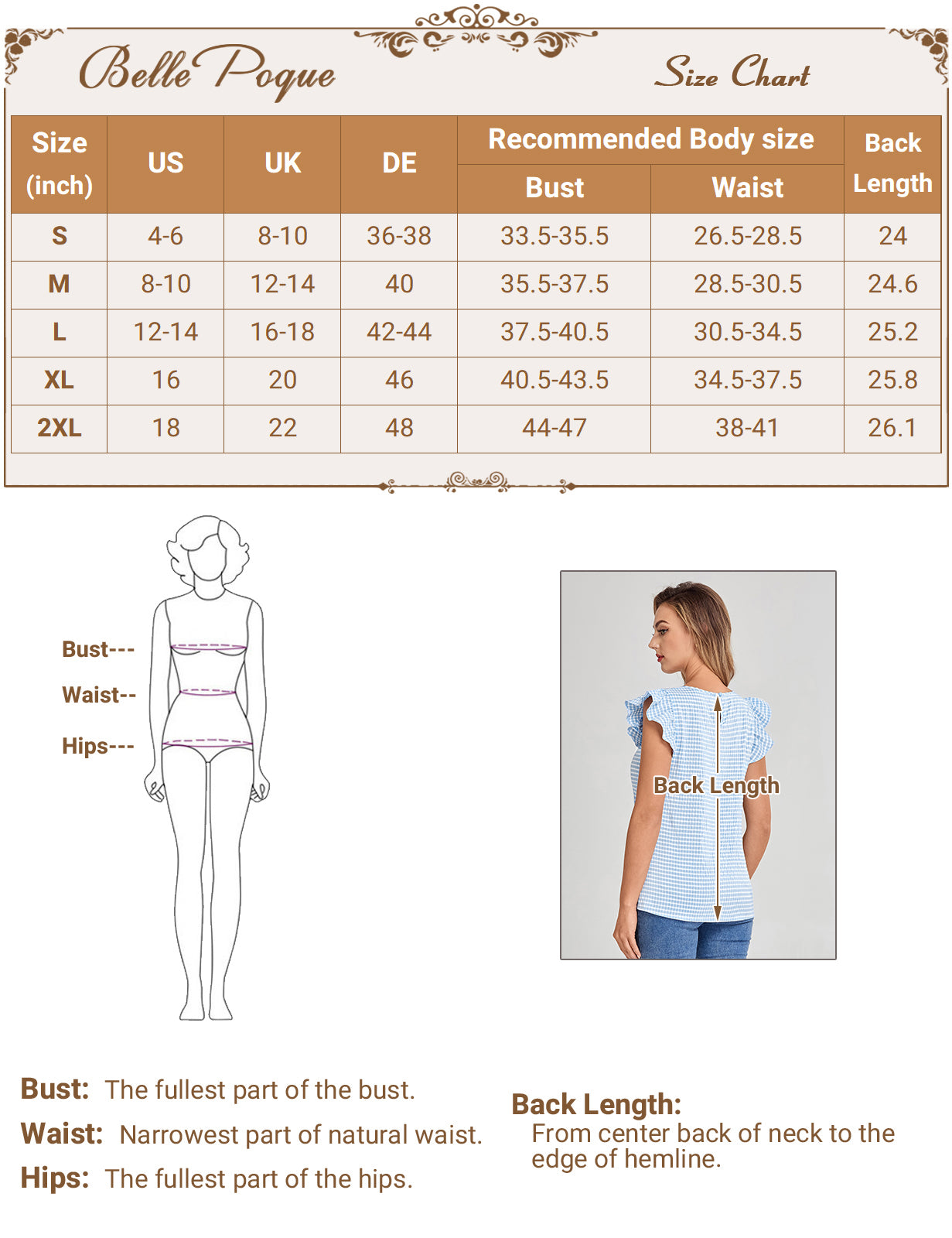 belle poque BP Women Vintage Plaided Tops Flutter Sleeve Crew Neck Keyhole Back Tops