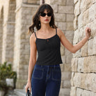 belle poque 2026 Summer Women's Tie Front Spaghetti Strap Top Sexy Cutout Crop Tank Top