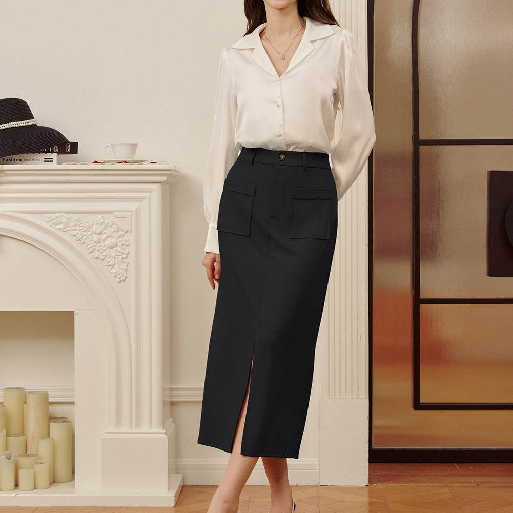 belle poque Women Cargo Skirt Long Pencil Skirt High Wiasted Skirts with Pockets & Slit