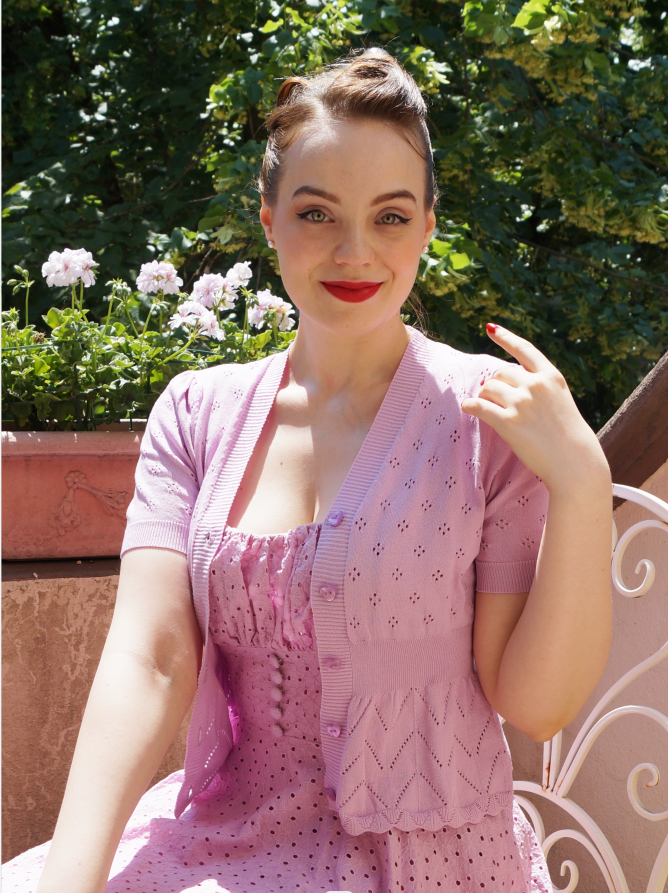 belle poque Fans Look of Defined Waist Cardigan Short Sleeve V-Neck Hollowed-out Knitwear