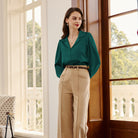 belle poque Women Vintage Shirt OL Long Sleeve Lapel Collar V-Neck Button-up Tops