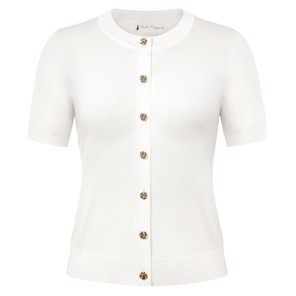 belle poque 2026 Spring Short Sleeve Cardigan Sweater Lightweight Button Up Cardigan White