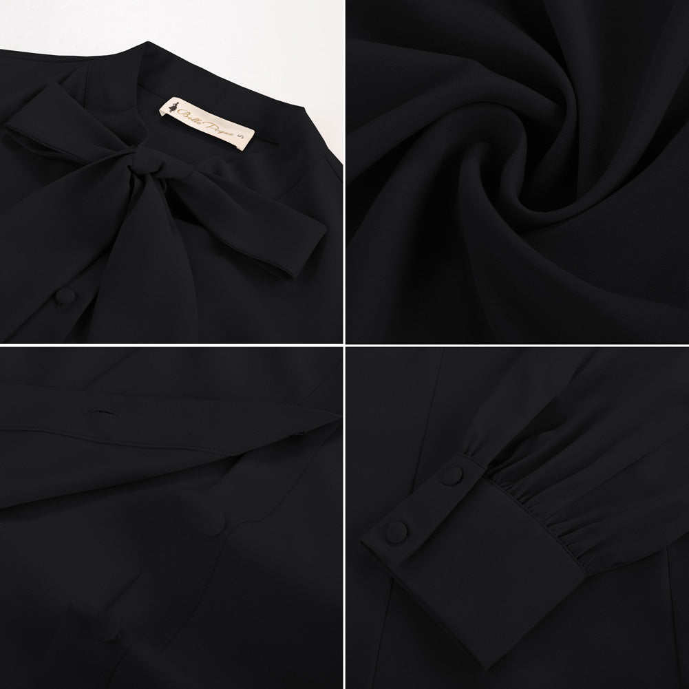 belle poque Women's Bow Tie Neck Blouse Button Down Shirt for Work Office Casual