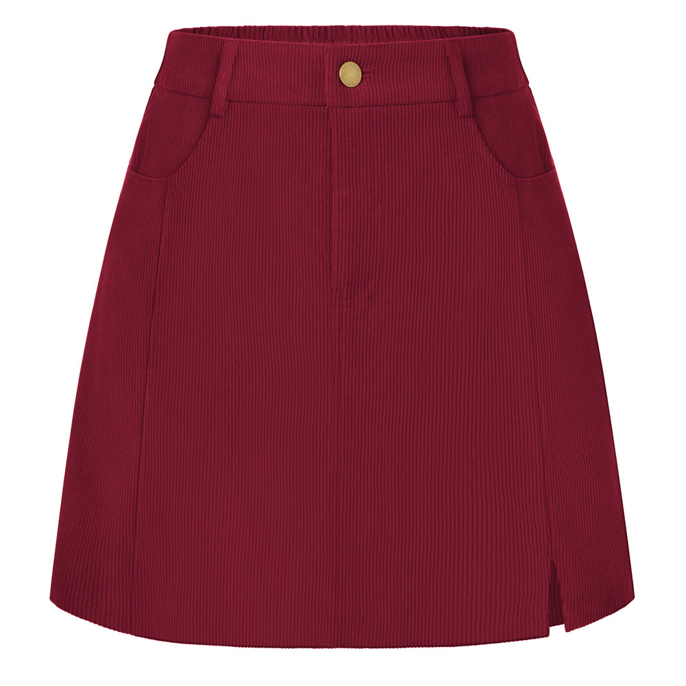 belle poque Women Corduroy Mini Skirt with Pockets Classic A-Line Fall Winter Basic Short Skirts