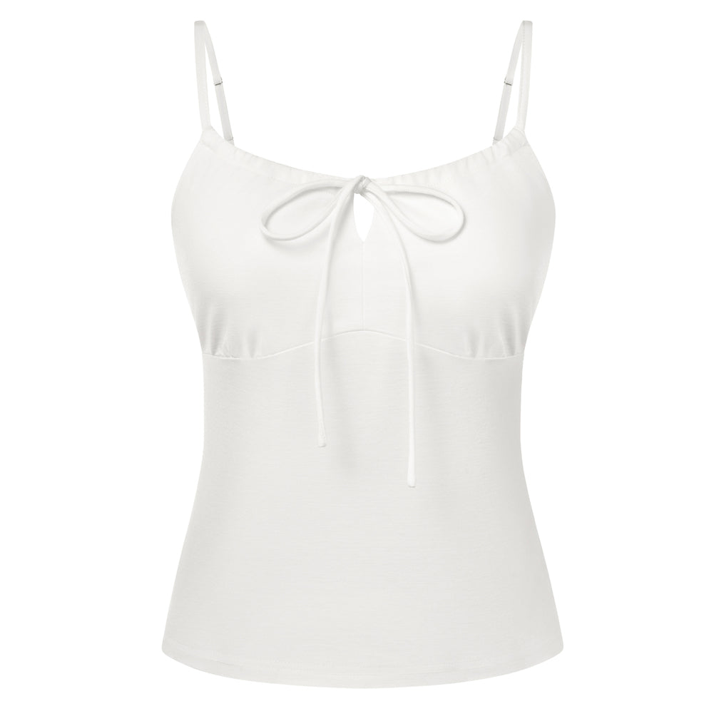 belle poque 2026 Summer Women's Tie Front Spaghetti Strap Top Sexy Cutout Crop Tank Top White