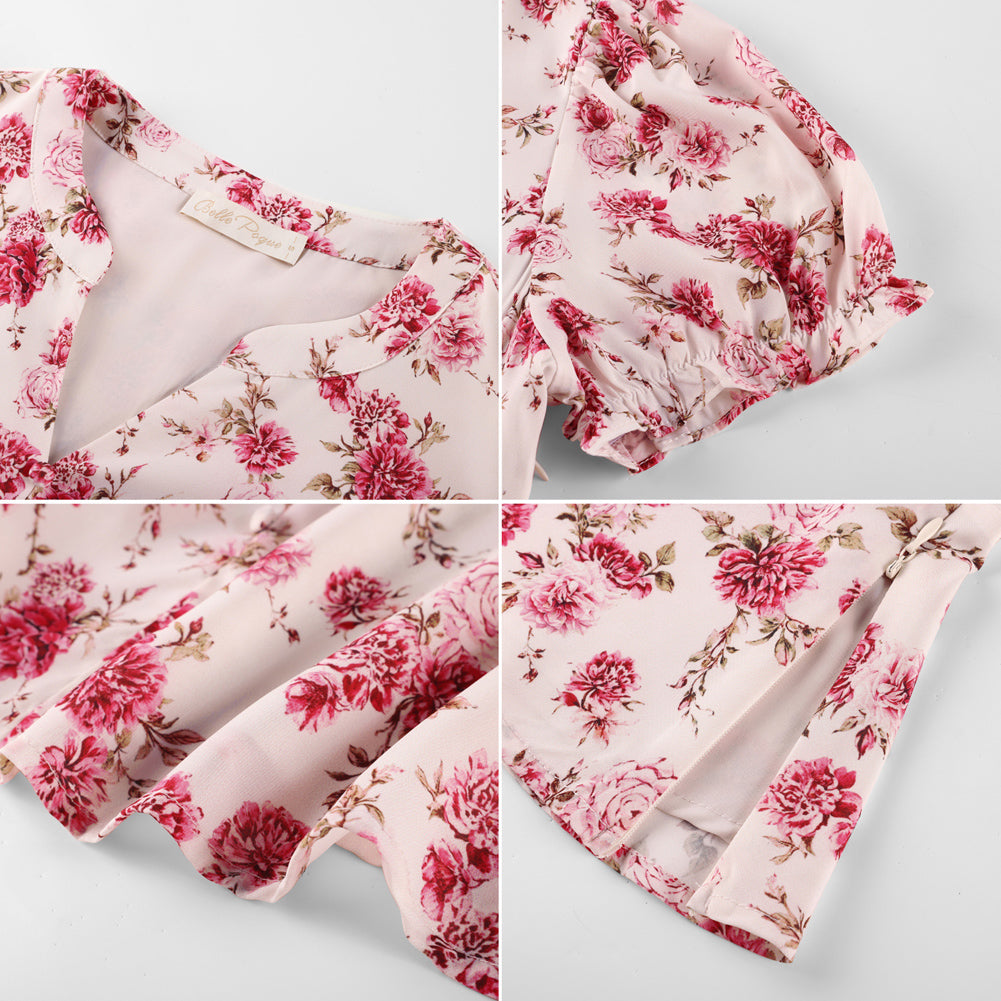 belle poque Floral Tops for Women Vacation Blouses Henley V Neck Shirts Peplum Tops