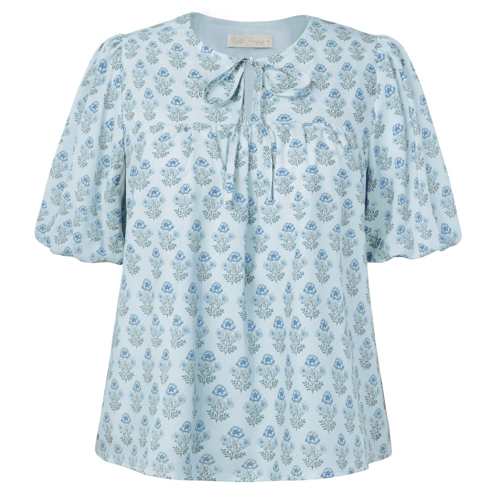 belle poque Floral Babydoll Tops for Women Puff Sleeve Tie Front Blouse Boho Tops Outfits Blue