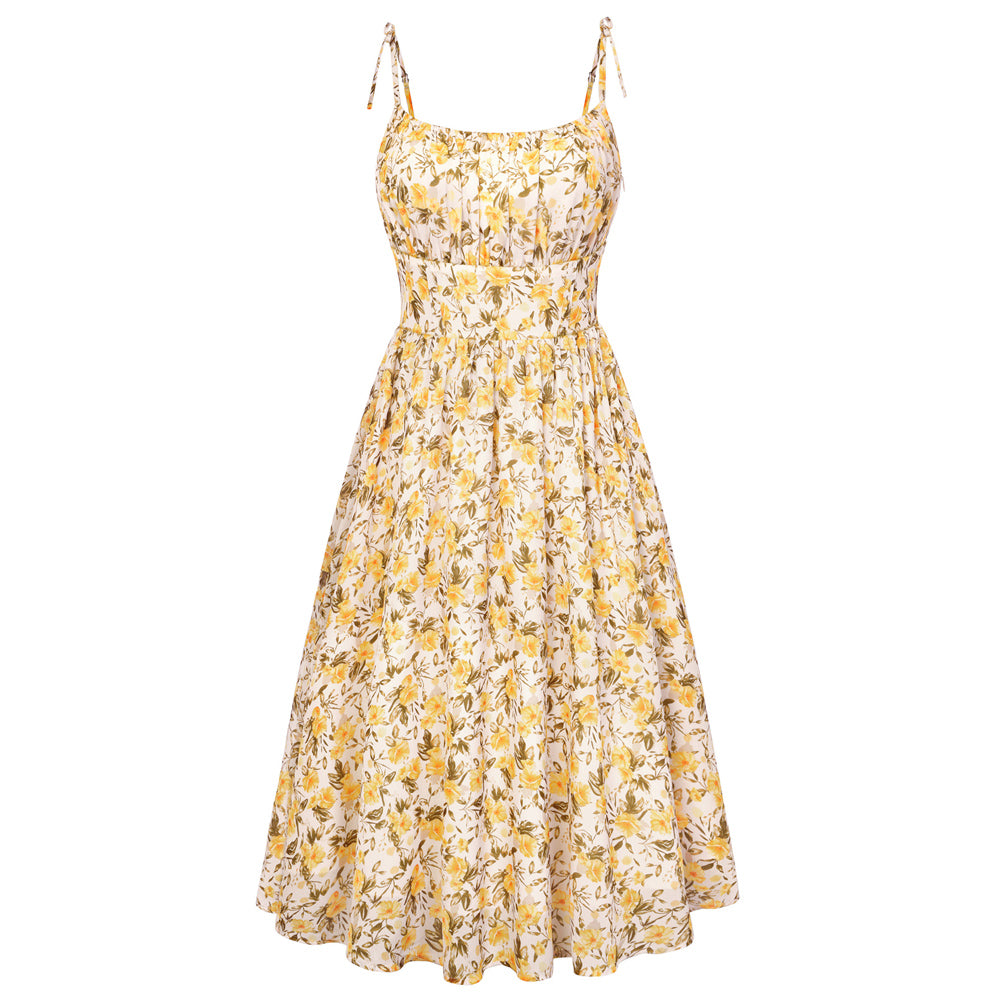belle poque Floral Dress for Women Midi Sundress 2026 Summer Spring Casual Dresses with Pockets Yellow