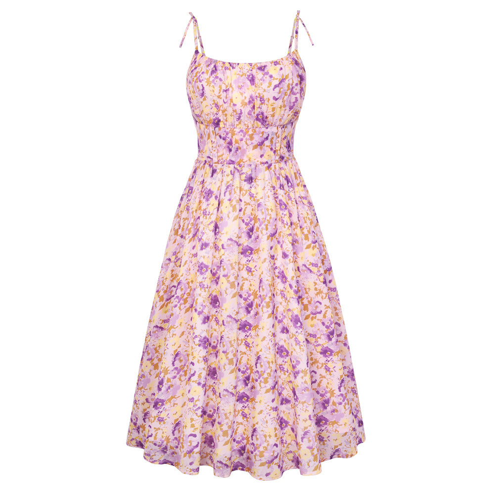 belle poque Floral Dress for Women Midi Sundress 2026 Summer Spring Casual Dresses with Pockets Purple