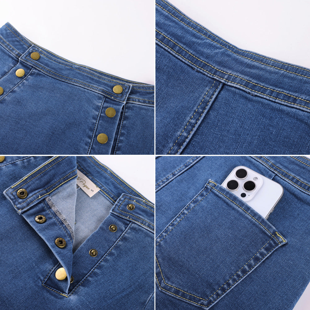 belle poque 2026 Denim Mini Skirt Button-Front Sailor Jean Skirts for Women with Pockets