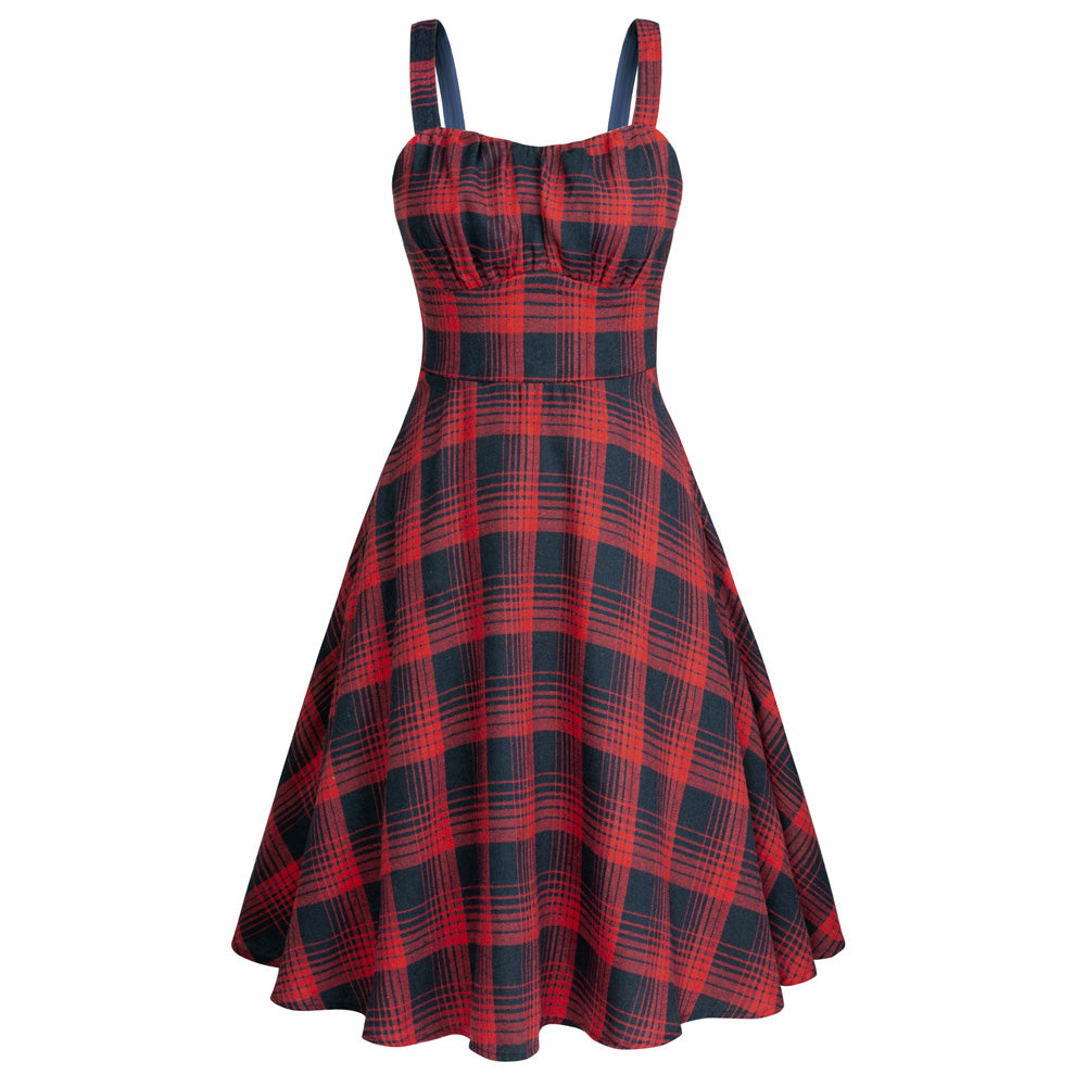 belle poque Vintage Two-Way Defined Waist Dress Ruched Bodice Flared Plaid A-Line Dress Red