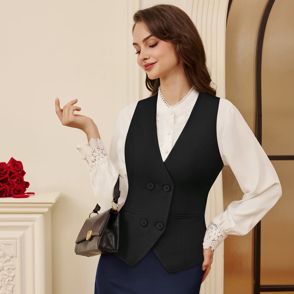 belle poque Women Double Breasted Vest Coat V-Neck Handkerchief Hem Business Waistcoat