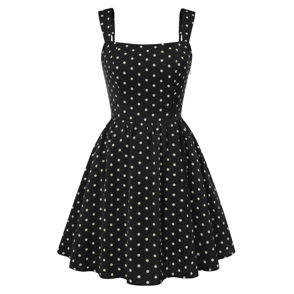 belle poque Women Vintage Polka-Dots Date Dress Square Neck Above Knee A-Line Dress Black