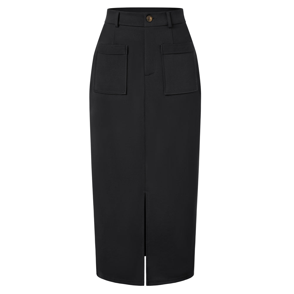 belle poque Women Cargo Skirt Long Pencil Skirt High Wiasted Skirts with Pockets & Slit Black
