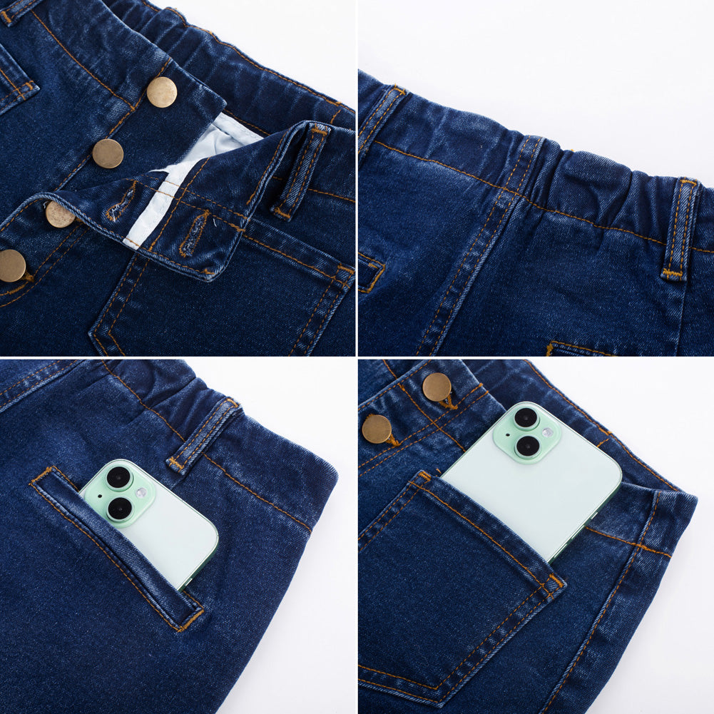 belle poque Vintage Straight Leg High Waisted Elastic Waist Multi-Pocket Flare Denim Pants