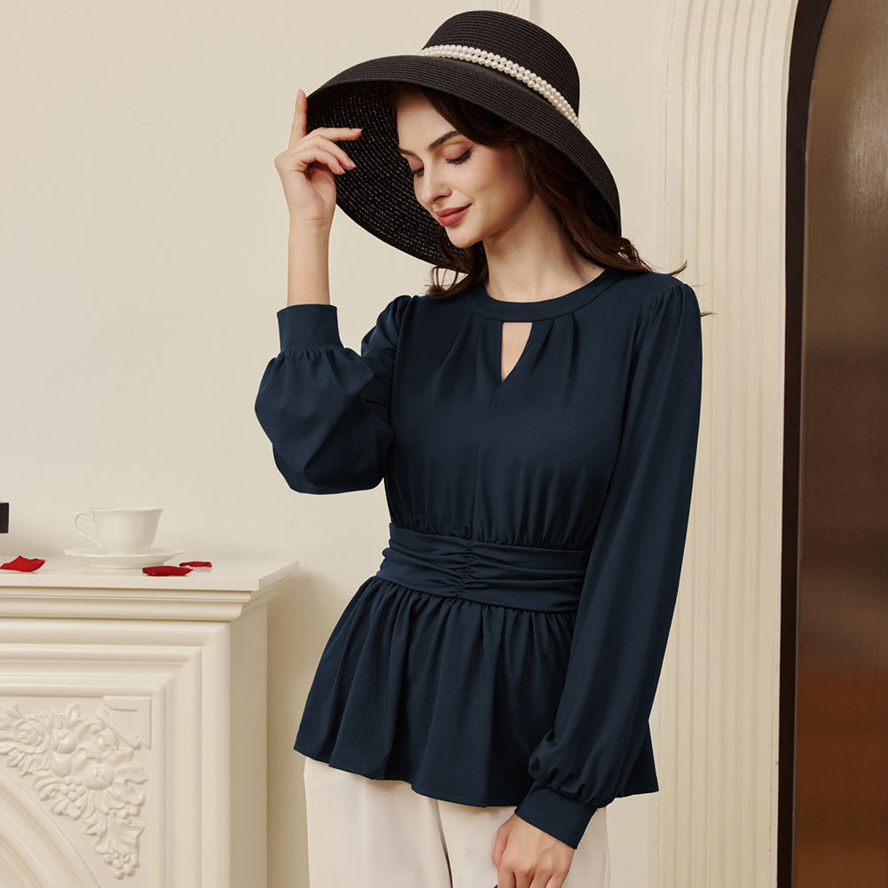 belle poque Women Retro Defined Waist Tops Long Lantern Sleeve Crew Neck Pullover Tops