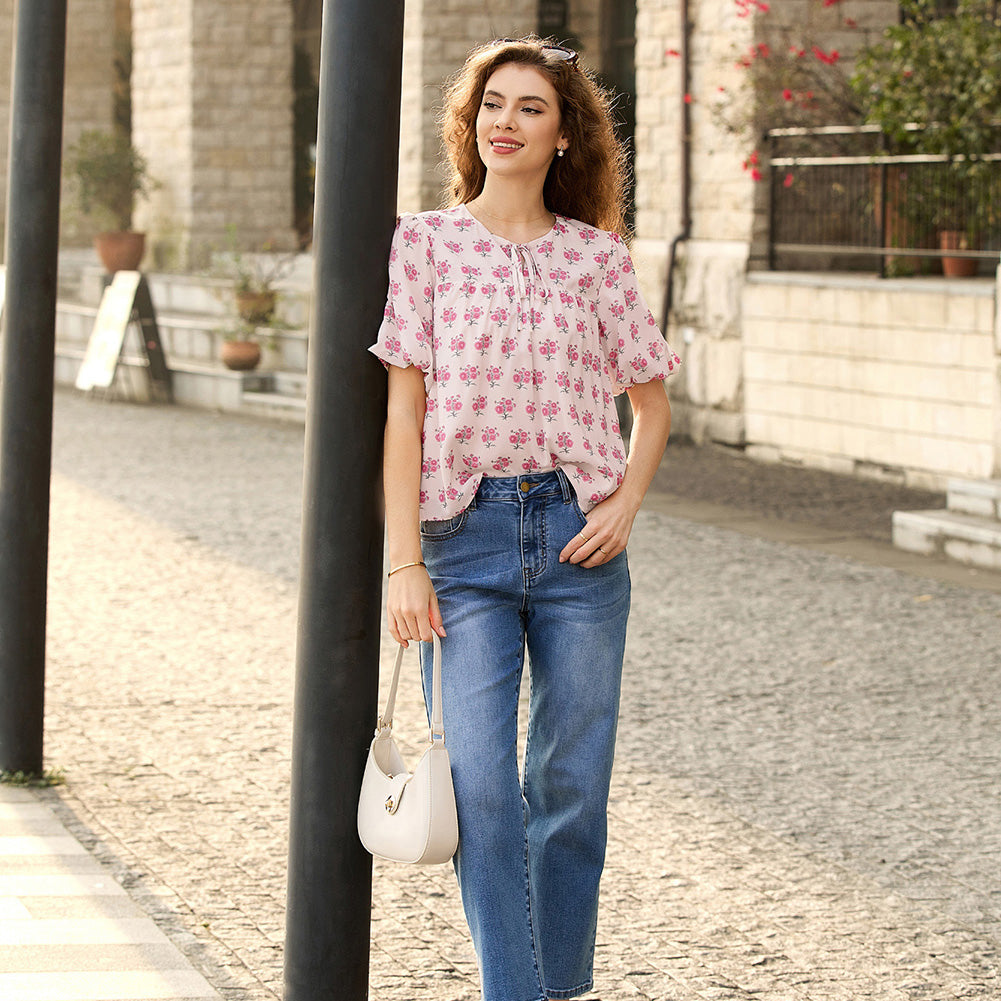 belle poque Floral Babydoll Tops for Women Puff Sleeve Tie Front Blouse Boho Tops Outfits