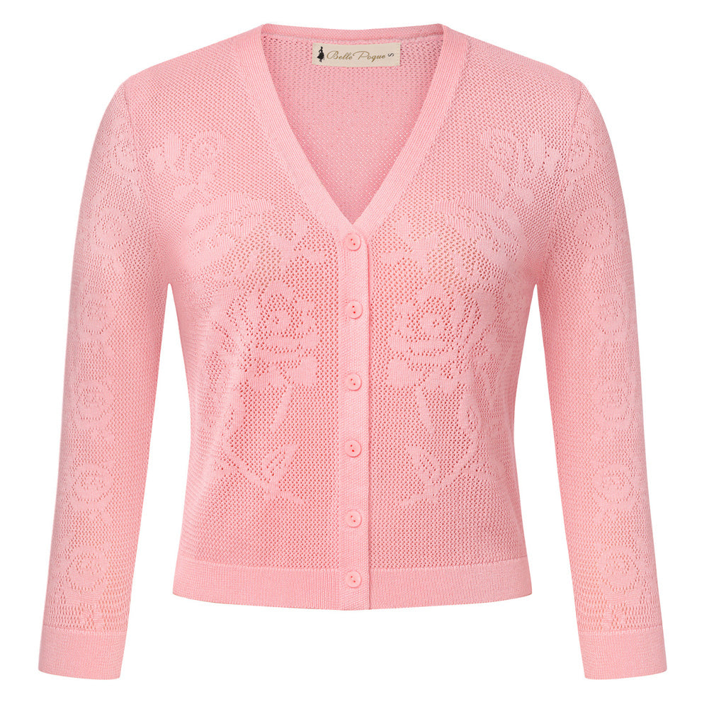 belle poque Women's Lace Cardigan Lightweight 3/4 Sleeve Button Down Cardigans Pink