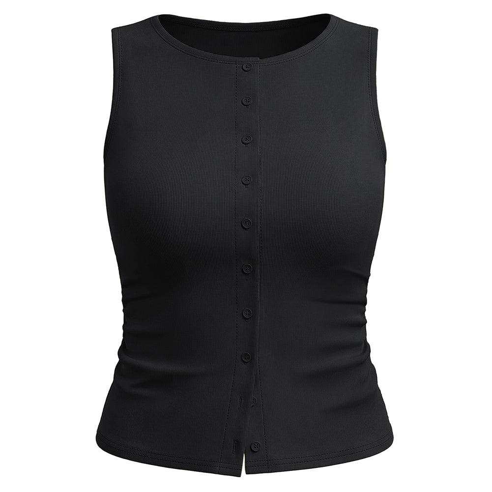 belle poque Button Down Tank Tops Ribbed Summer Vest for Work Going Out Black