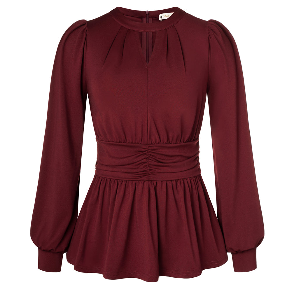 belle poque Women Retro Defined Waist Tops Long Lantern Sleeve Crew Neck Pullover Tops Wine