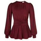 belle poque Women Retro Defined Waist Tops Long Lantern Sleeve Crew Neck Pullover Tops Wine